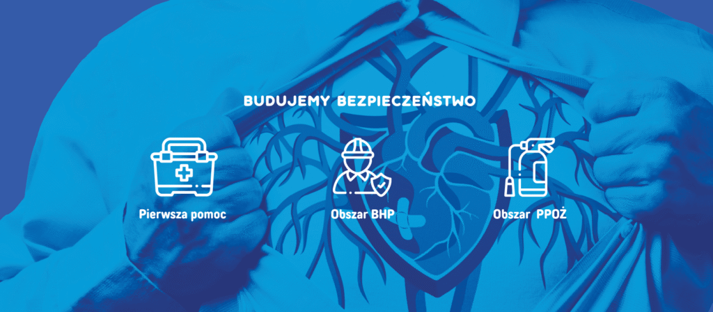Grafika przedstawiająca koncepcję „Budujemy bezpieczeństwo” z ikonami reprezentującymi trzy obszary usług CRR PULS: pierwsza pomoc, BHP i PPOŻ. Niebieskie tło z symbolem serca jako tarczy bezpieczeństwa.