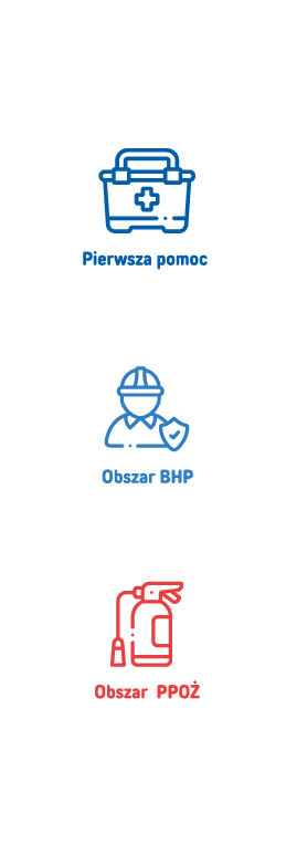Ikony symbolizujące trzy obszary działań CRR PULS: pierwsza pomoc, BHP i PPOŻ