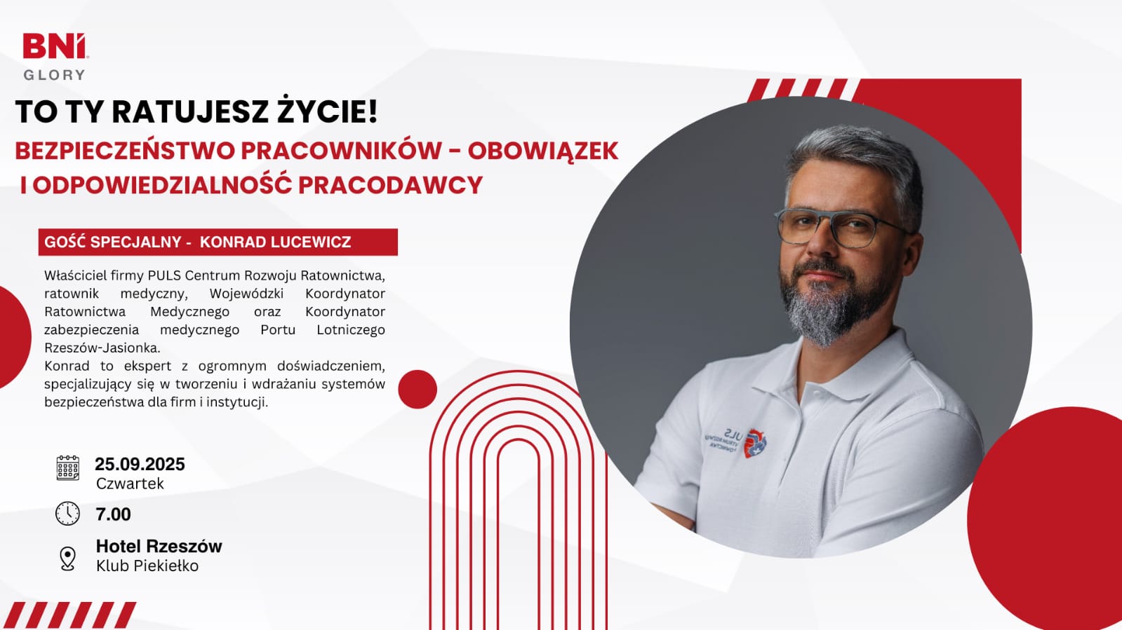 Spotkanie BNI Glory z udziałem właściciela CRR PULS – ekspert ds. bezpieczeństwa pracowników, BHP i pierwszej pomocy